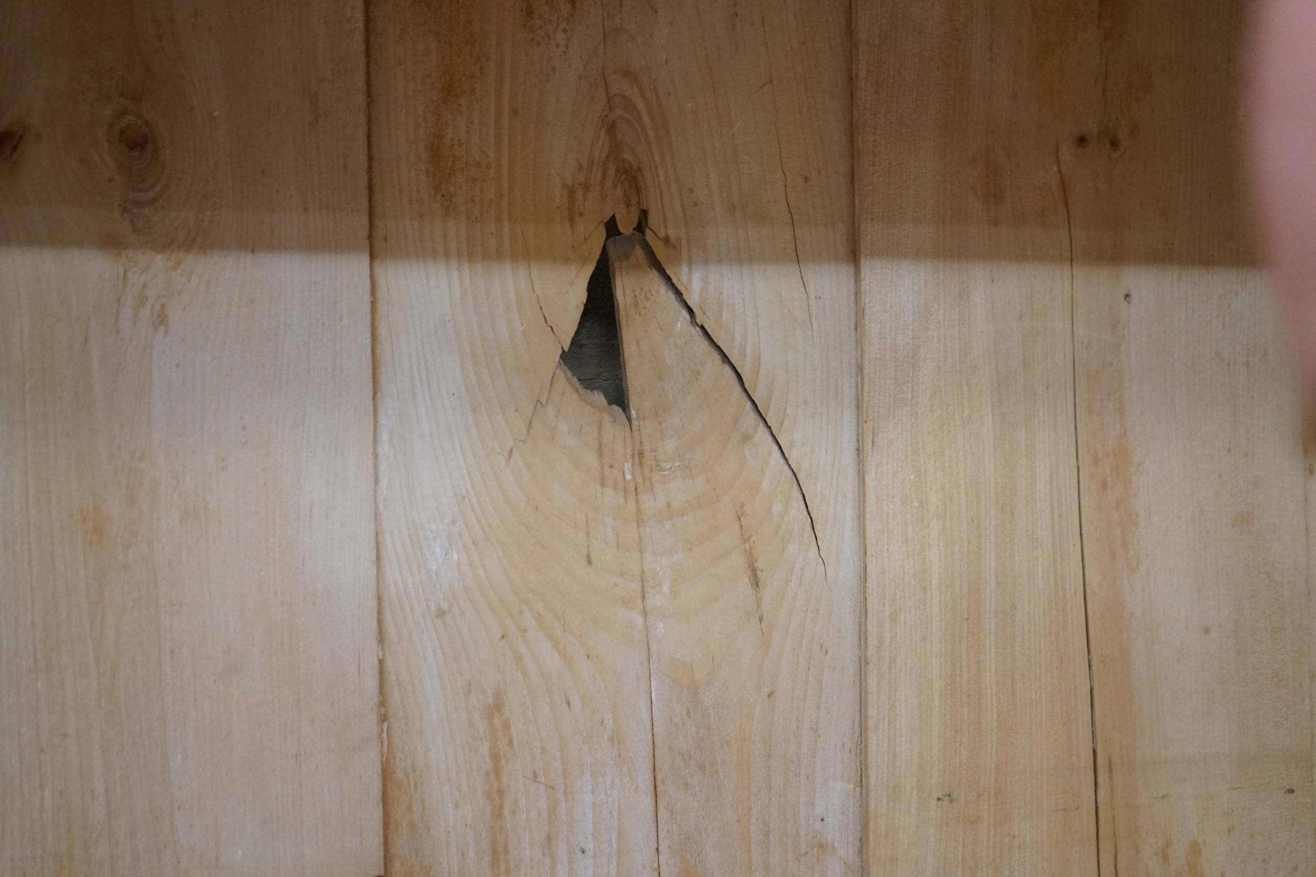 A Victorian pine two drawer hanging cupboard, width 123cm, depth 48cm, height 183cm